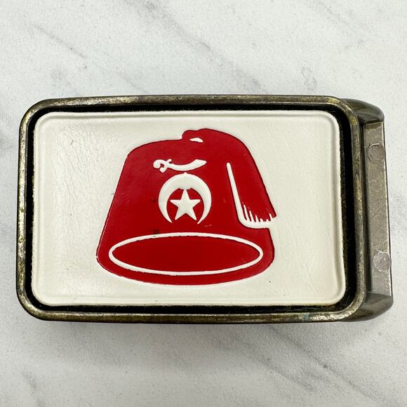 Vintage Shriners Fez Belt Buckle Red White Insert Masonic ✨ - Picture 1 of 10